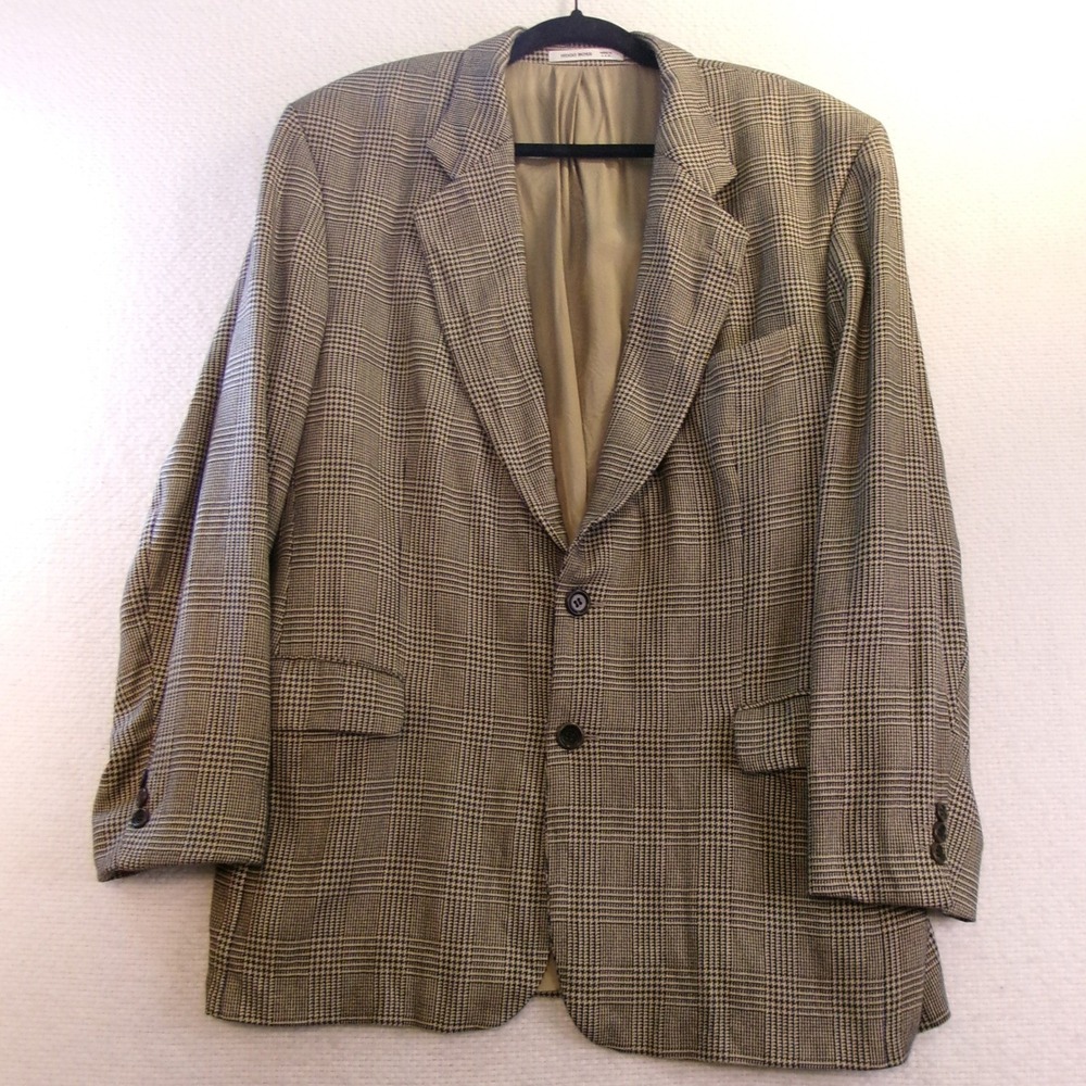 Hugo Boss Mens 42R Sport Coat Tan Glen Plaid Silk Wool Corleone Blazer USA